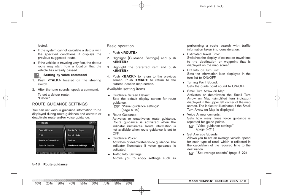 Route guidance settings -18 | NISSAN 2008 NAVIGATION SYSTEM User Manual | Page 104 / 218