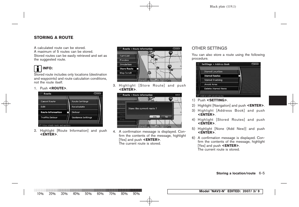 Storing a route -5, Other settings -5 | NISSAN 2008 NAVIGATION SYSTEM User Manual | Page 117 / 218