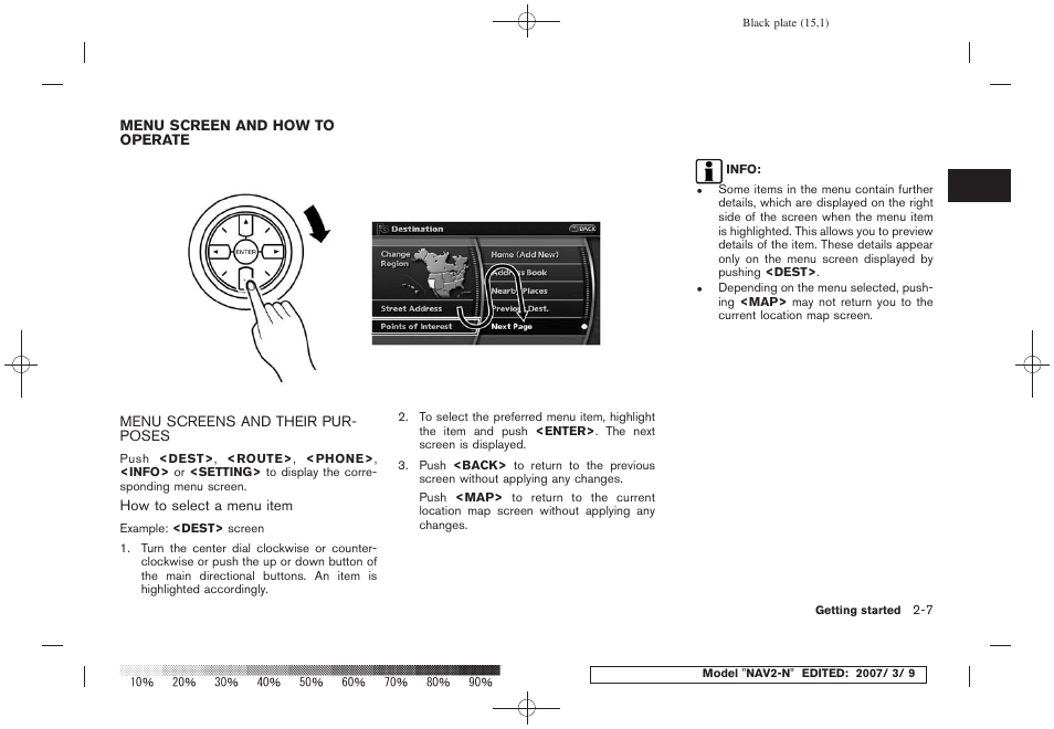 Menu screen and how to operate -7, Menu screens and their purposes -7 | NISSAN 2008 NAVIGATION SYSTEM User Manual | Page 13 / 218