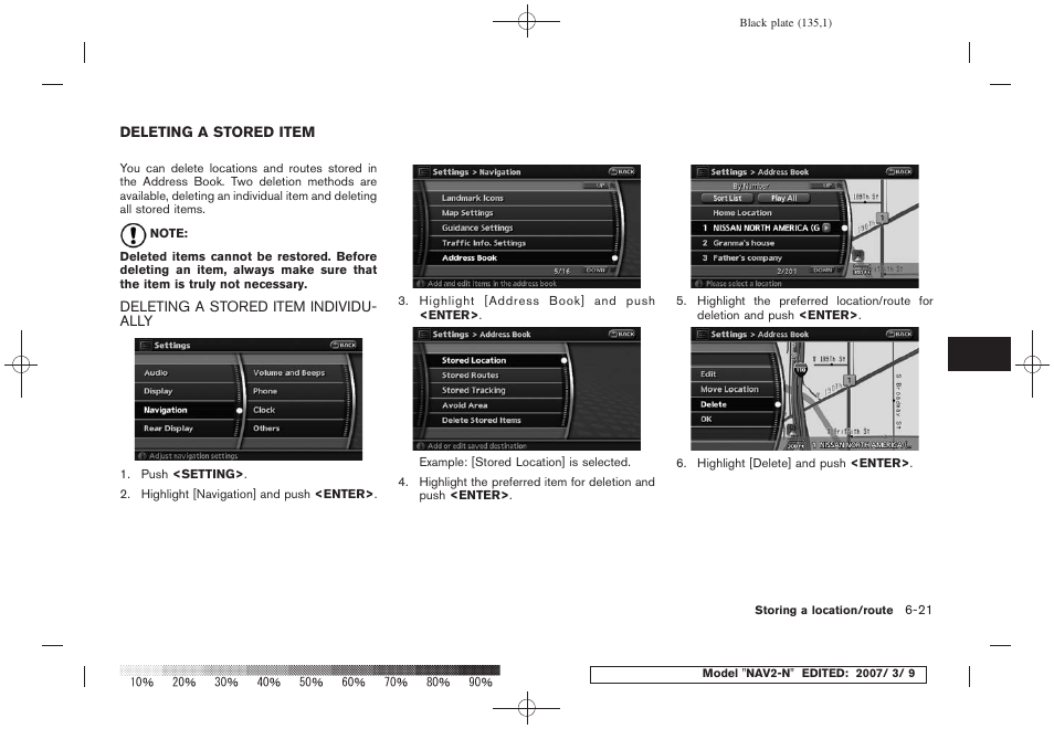 Deleting a stored item -21, Deleting a stored item individually -21 | NISSAN 2008 NAVIGATION SYSTEM User Manual | Page 133 / 218