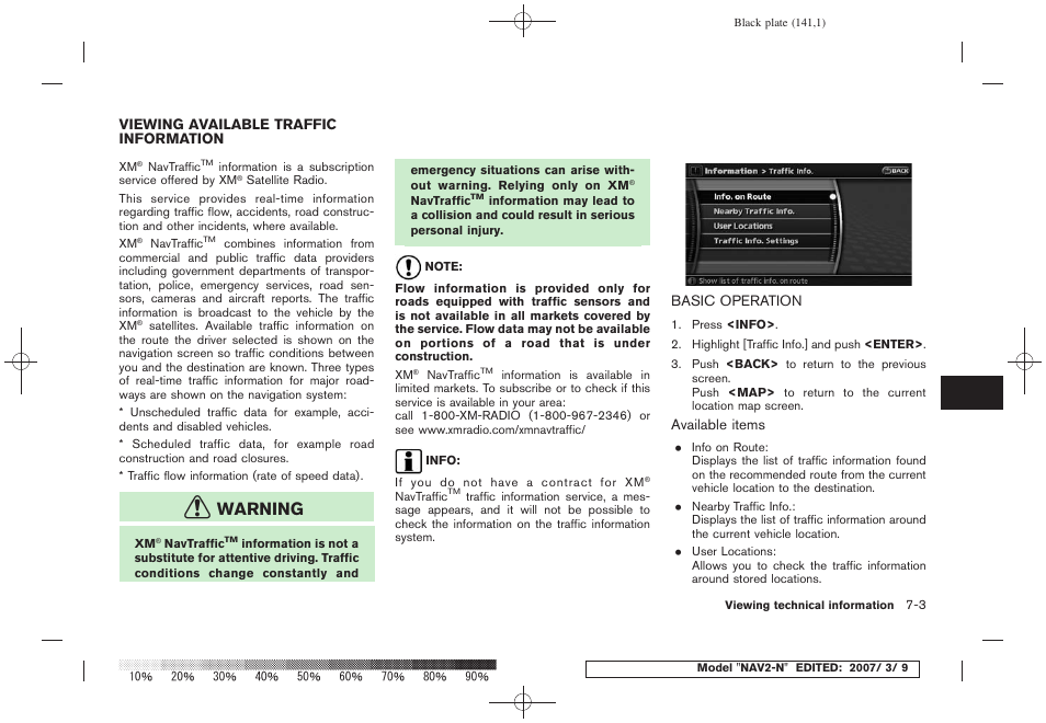 Viewing available traffic information -3, Basic operation -3, Warning | NISSAN 2008 NAVIGATION SYSTEM User Manual | Page 139 / 218