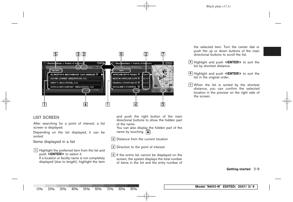 List screen -9 | NISSAN 2008 NAVIGATION SYSTEM User Manual | Page 15 / 218