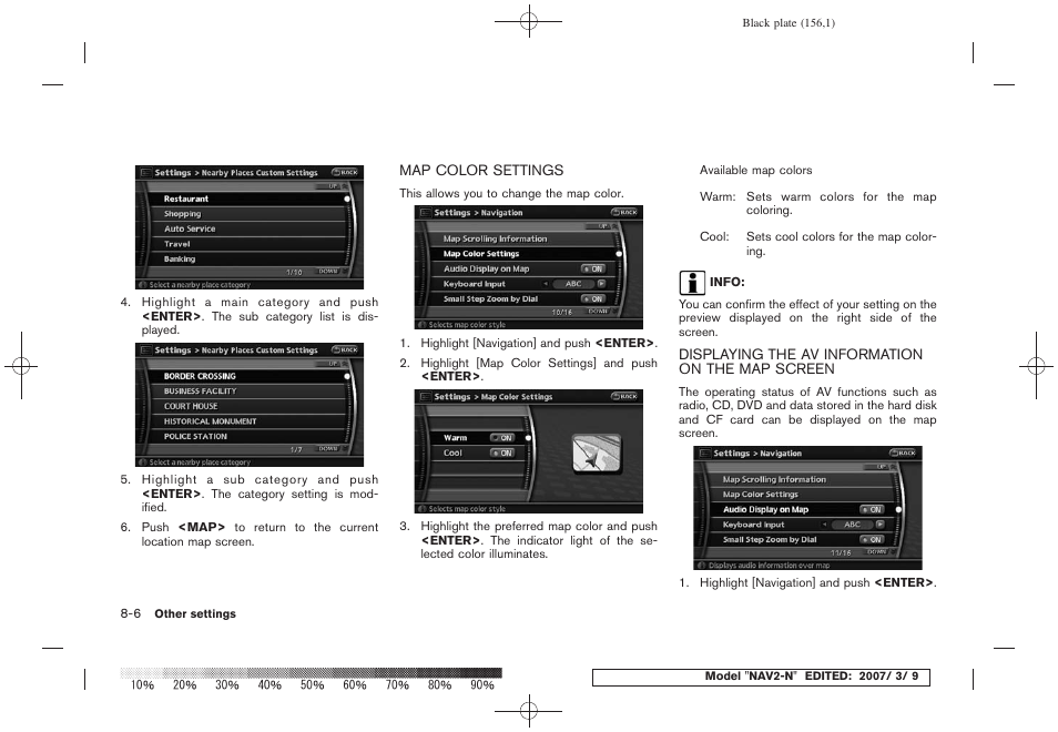 Map color settings -6, Displaying the av information on the map screen -6 | NISSAN 2008 NAVIGATION SYSTEM User Manual | Page 152 / 218