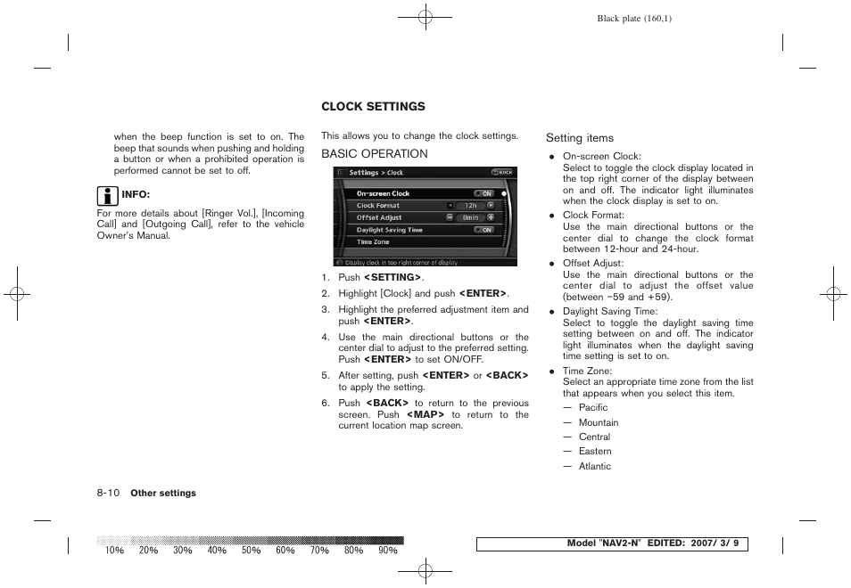 Clock settings -10, Basic operation -10 | NISSAN 2008 NAVIGATION SYSTEM User Manual | Page 156 / 218