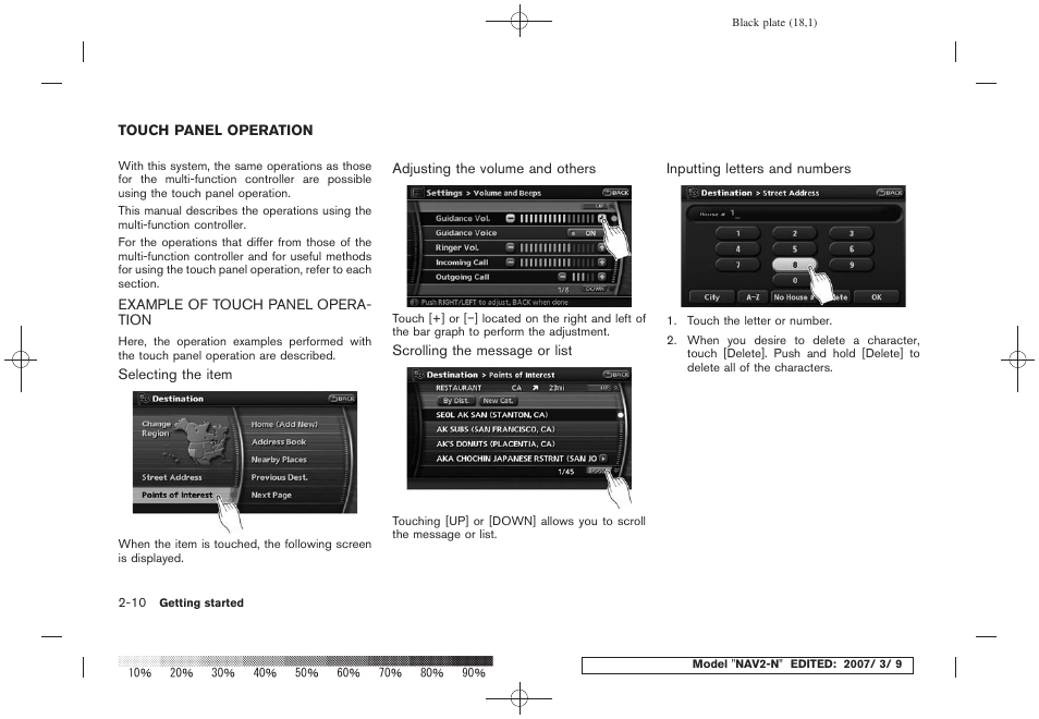 Touch panel operation -10, Example of touch panel operation -10 | NISSAN 2008 NAVIGATION SYSTEM User Manual | Page 16 / 218