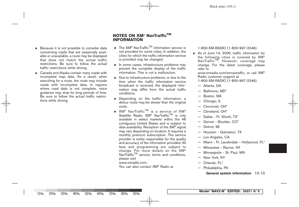 Notes on xm, Navtraffic, Information -13 | NISSAN 2008 NAVIGATION SYSTEM User Manual | Page 189 / 218