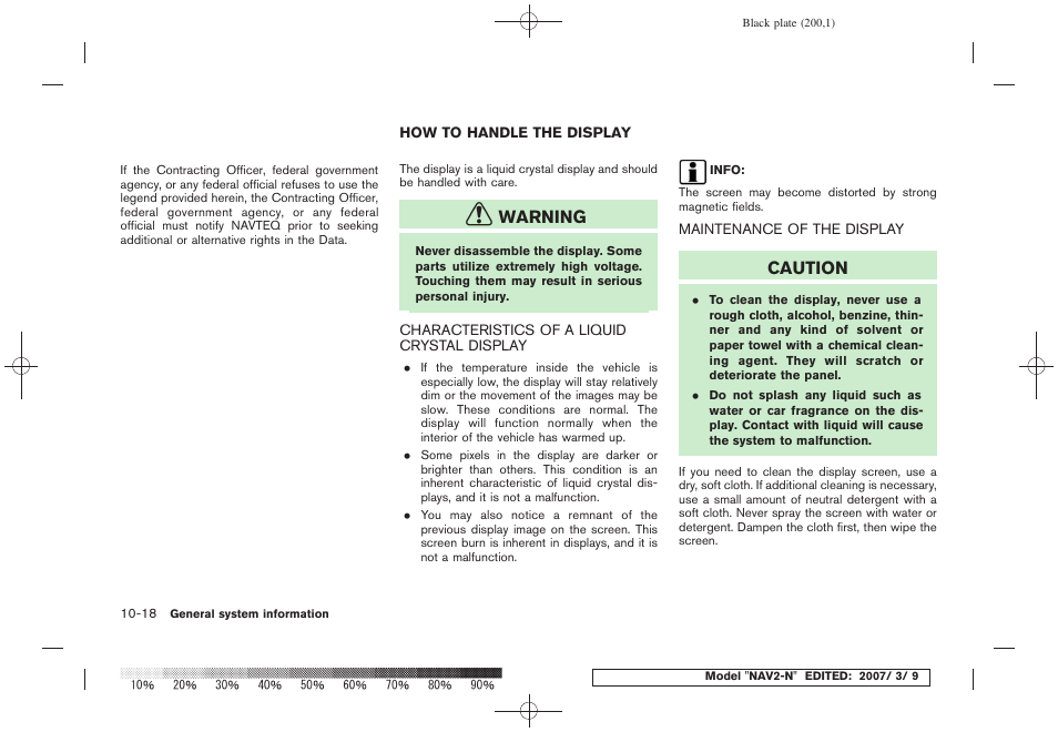 How to handle the display -18, Warning, Caution | NISSAN 2008 NAVIGATION SYSTEM User Manual | Page 194 / 218