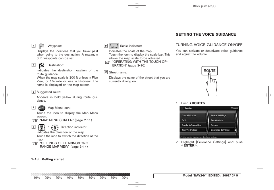 Setting the voice guidance -18, Turning voice guidance on/off -18 | NISSAN 2008 NAVIGATION SYSTEM User Manual | Page 24 / 218