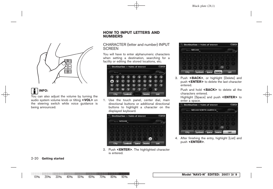 How to input letters and numbers -20, Character (letter and number) input screen -20 | NISSAN 2008 NAVIGATION SYSTEM User Manual | Page 26 / 218