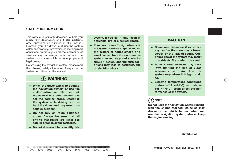 Safety information -3, Warning, Caution | NISSAN 2008 NAVIGATION SYSTEM User Manual | Page 5 / 218