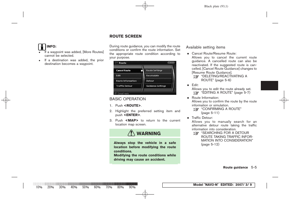 Route screen -5, Basic operation -5, Warning | NISSAN 2008 NAVIGATION SYSTEM User Manual | Page 91 / 218