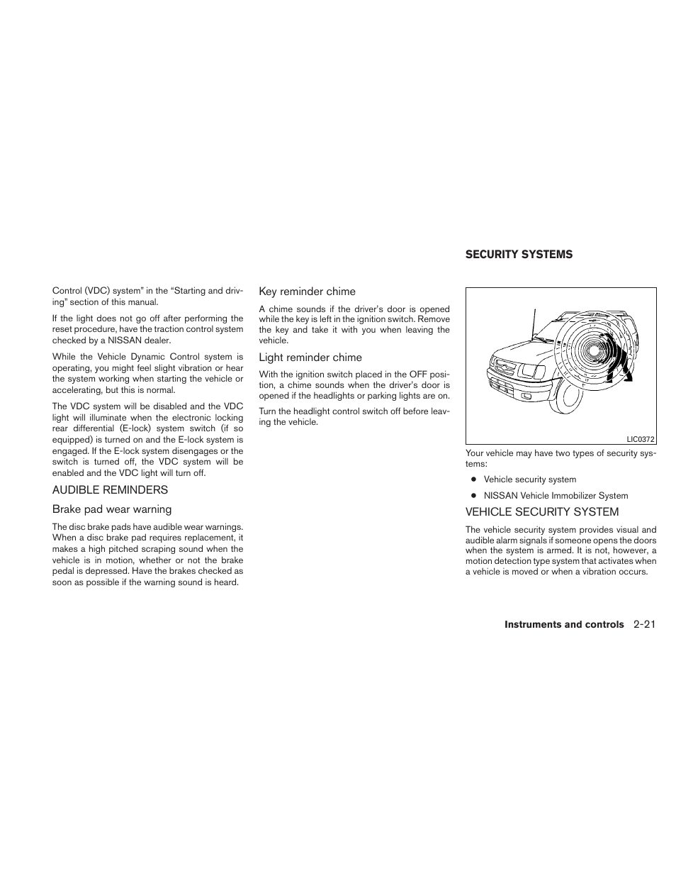 Audible reminders -21, Security systems -21, Vehicle security system -21 | NISSAN 2010 Xterra User Manual | Page 100 / 337