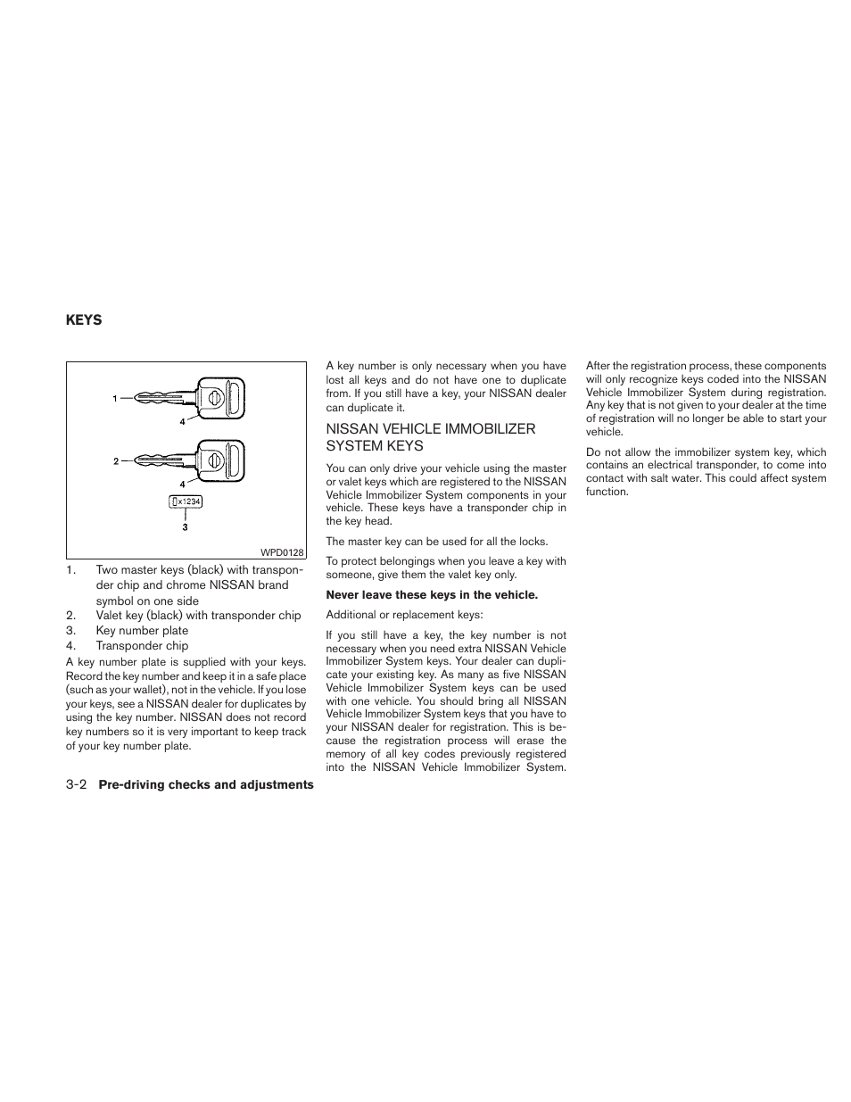 Keys -2, Nissan vehicle immobilizer system keys -2 | NISSAN 2010 Xterra User Manual | Page 129 / 337