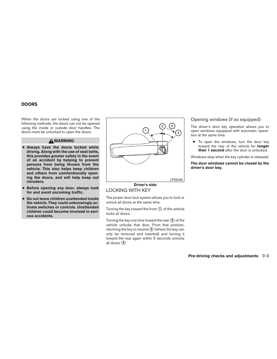 Doors -3, Locking with key -3 | NISSAN 2010 Xterra User Manual | Page 130 / 337
