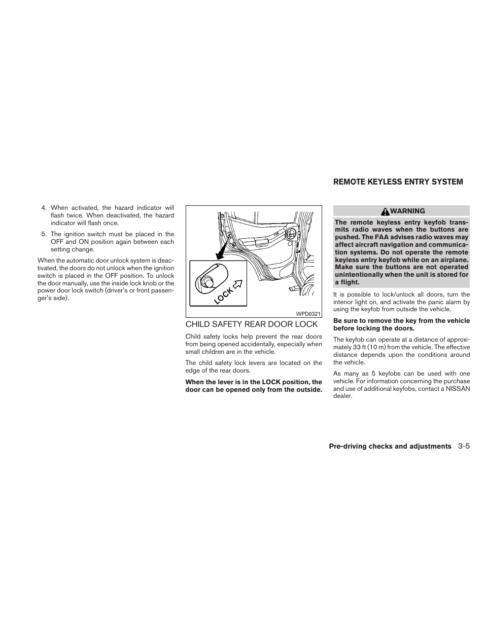 Child safety rear door lock -5, Remote keyless entry system -5 | NISSAN 2010 Xterra User Manual | Page 132 / 337