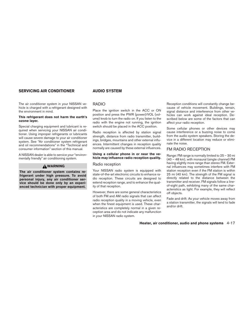 Servicing air conditioner -17 audio system -17, Radio -17 fm radio reception -17 | NISSAN 2010 Xterra User Manual | Page 160 / 337