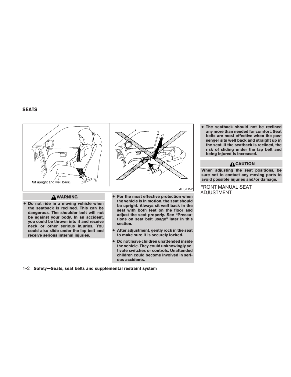 Seats -2, Front manual seat adjustment -2 | NISSAN 2010 Xterra User Manual | Page 19 / 337