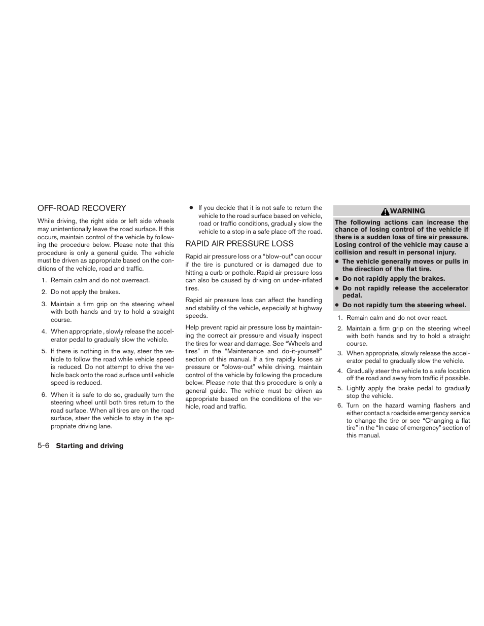 Off-road recovery -6 rapid air pressure loss -6 | NISSAN 2010 Xterra User Manual | Page 201 / 337