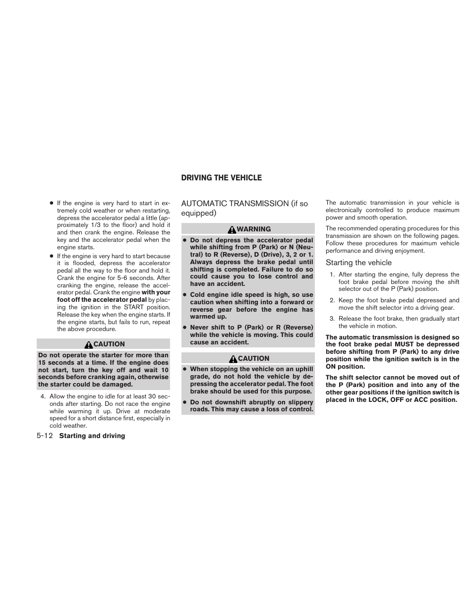 Driving the vehicle -12, Automatic transmission (if so equipped) -12 | NISSAN 2010 Xterra User Manual | Page 207 / 337