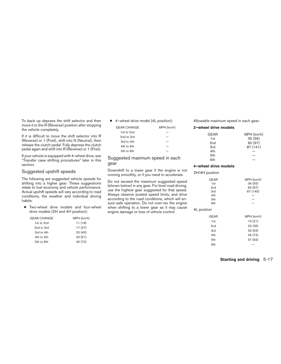 Suggested upshift speeds, Suggested maximum speed in each gear | NISSAN 2010 Xterra User Manual | Page 212 / 337