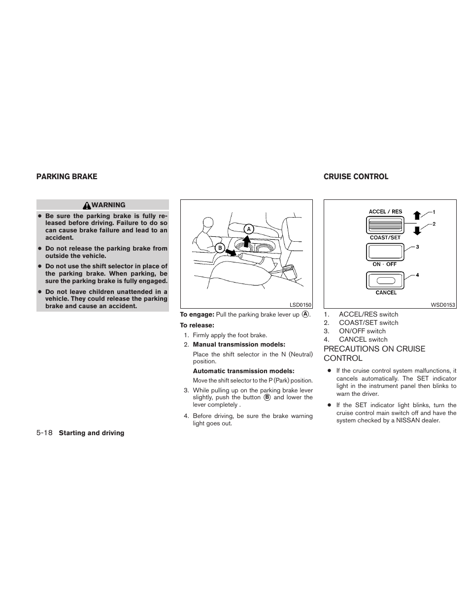 Parking brake -18 cruise control -18, Precautions on cruise control -18 | NISSAN 2010 Xterra User Manual | Page 213 / 337