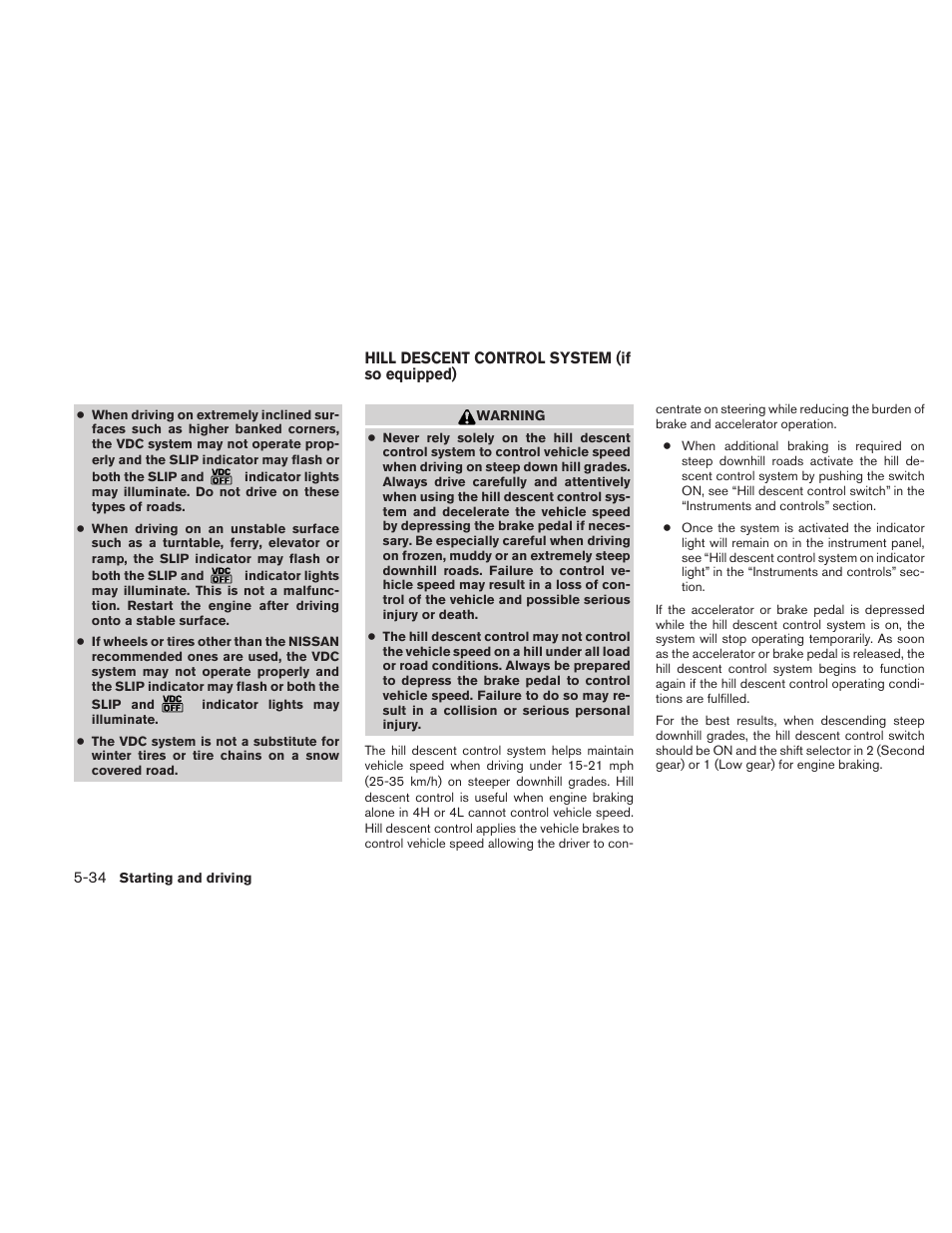 Hill descent control system (if so equipped) -34 | NISSAN 2010 Xterra User Manual | Page 229 / 337