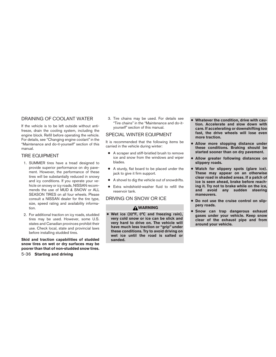 Draining of coolant water -36 tire equipment -36 | NISSAN 2010 Xterra User Manual | Page 231 / 337