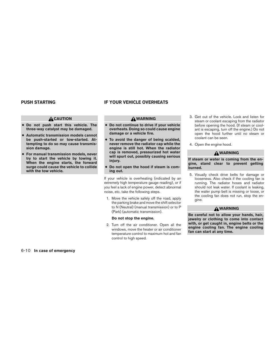 Push starting -10 if your vehicle overheats -10 | NISSAN 2010 Xterra User Manual | Page 243 / 337