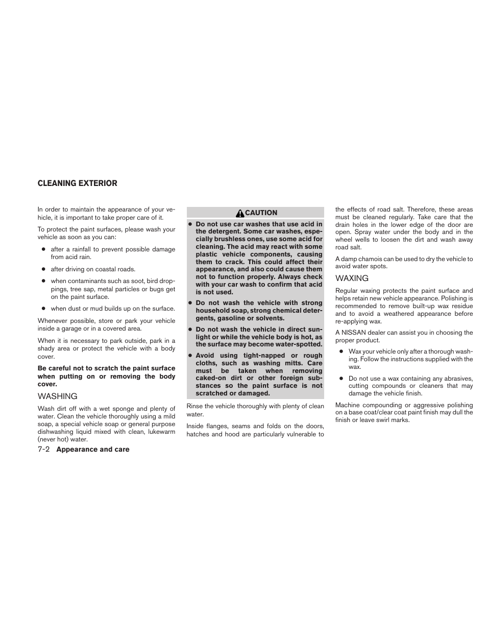 Cleaning exterior -2, Washing -2 waxing -2 | NISSAN 2010 Xterra User Manual | Page 249 / 337