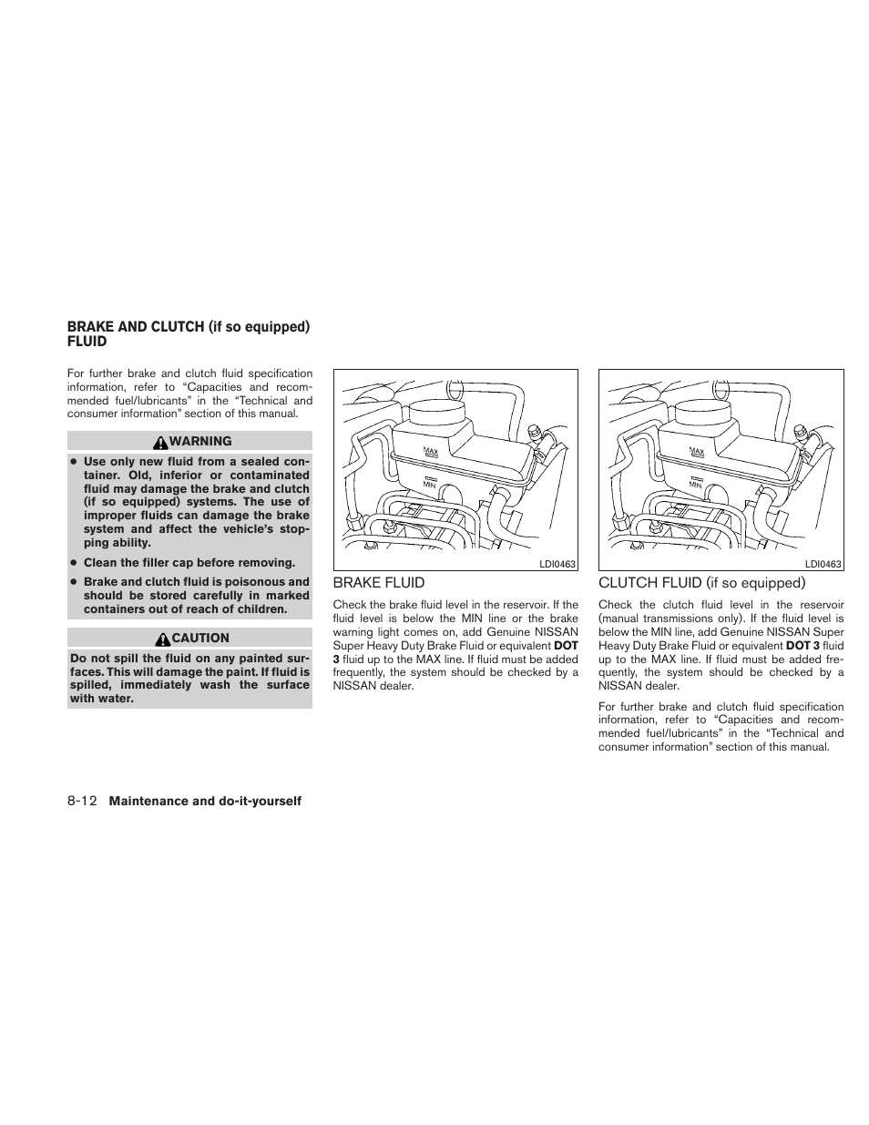 Brake and clutch (if so equipped) fluid -12, Brake fluid -12 clutch fluid (if so equipped) -12 | NISSAN 2010 Xterra User Manual | Page 265 / 337