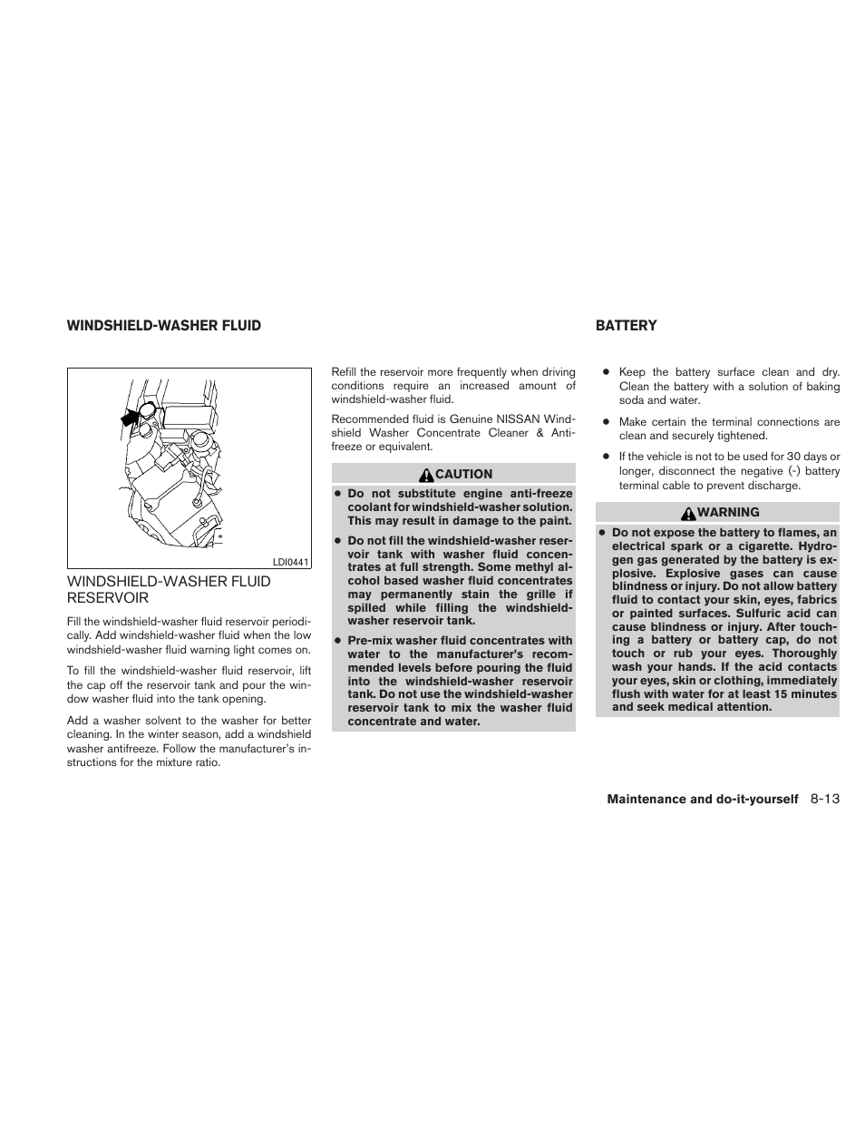 Windshield-washer fluid -13, Windshield-washer fluid reservoir -13, Battery -13 | NISSAN 2010 Xterra User Manual | Page 266 / 337