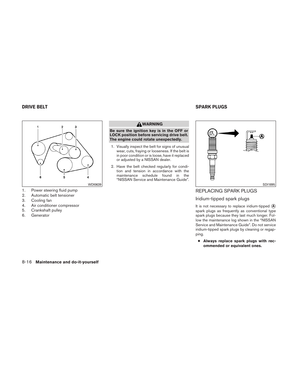 Drive belt -16, Spark plugs -16, Replacing spark plugs -16 | NISSAN 2010 Xterra User Manual | Page 269 / 337