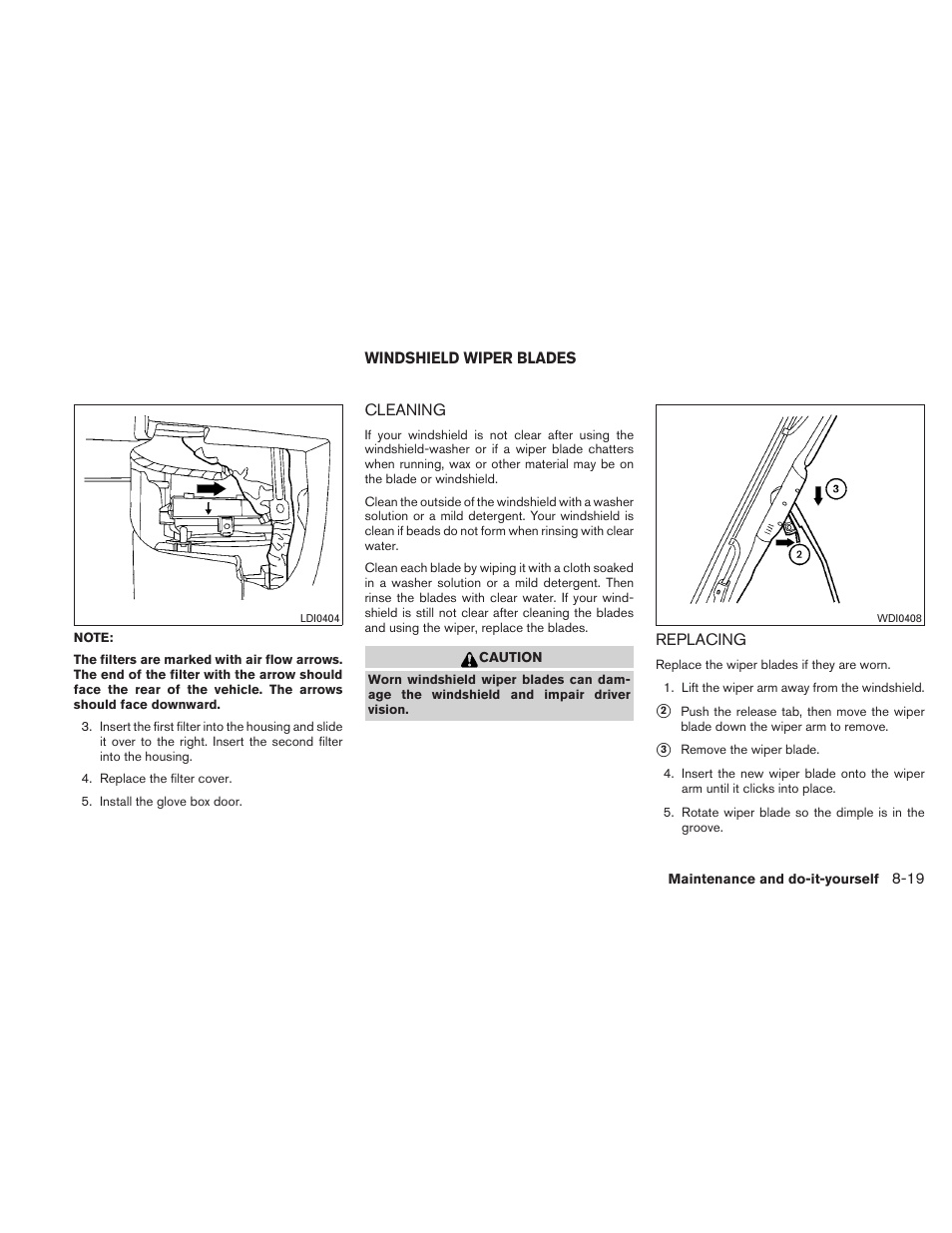 Windshield wiper blades -19, Cleaning -19 replacing -19 | NISSAN 2010 Xterra User Manual | Page 272 / 337