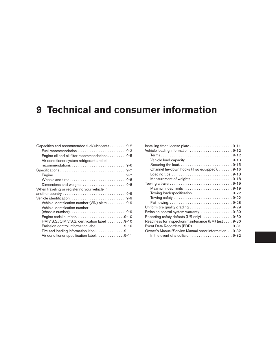 Technical and consumer information, 9 technical and consumer information | NISSAN 2010 Xterra User Manual | Page 296 / 337