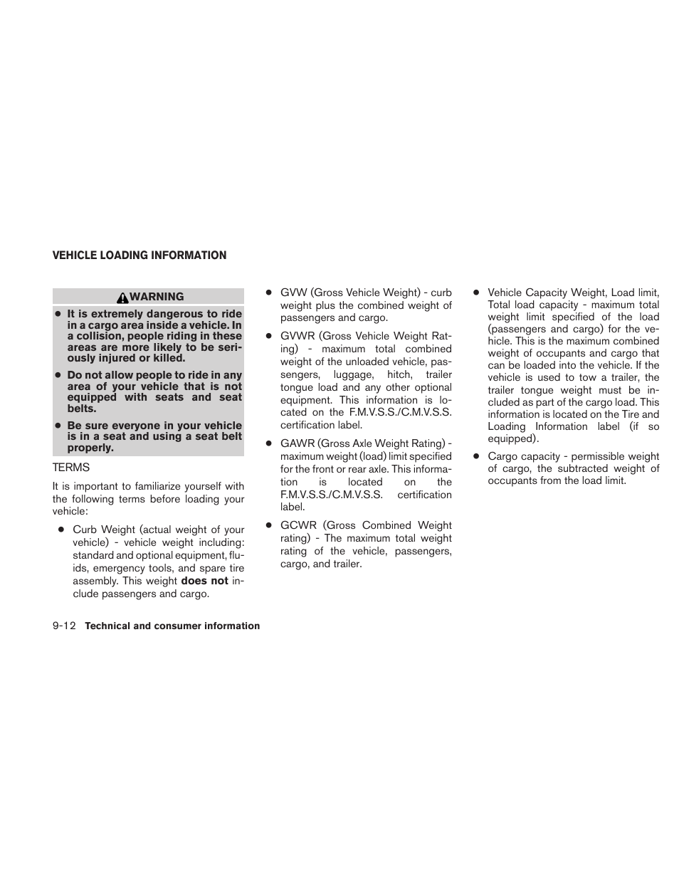 Vehicle loading information -12, Terms -12 | NISSAN 2010 Xterra User Manual | Page 307 / 337