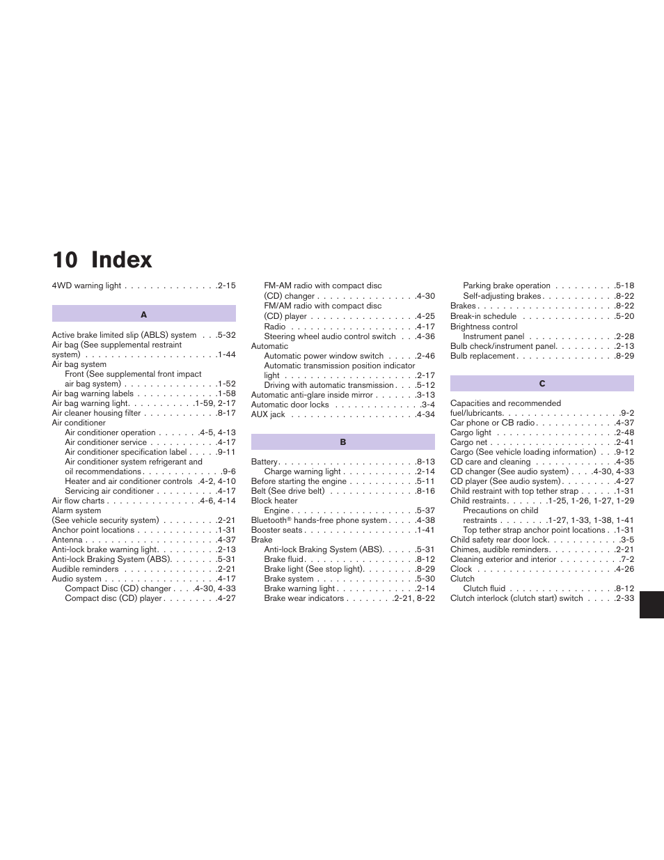 Index, 10 index | NISSAN 2010 Xterra User Manual | Page 330 / 337