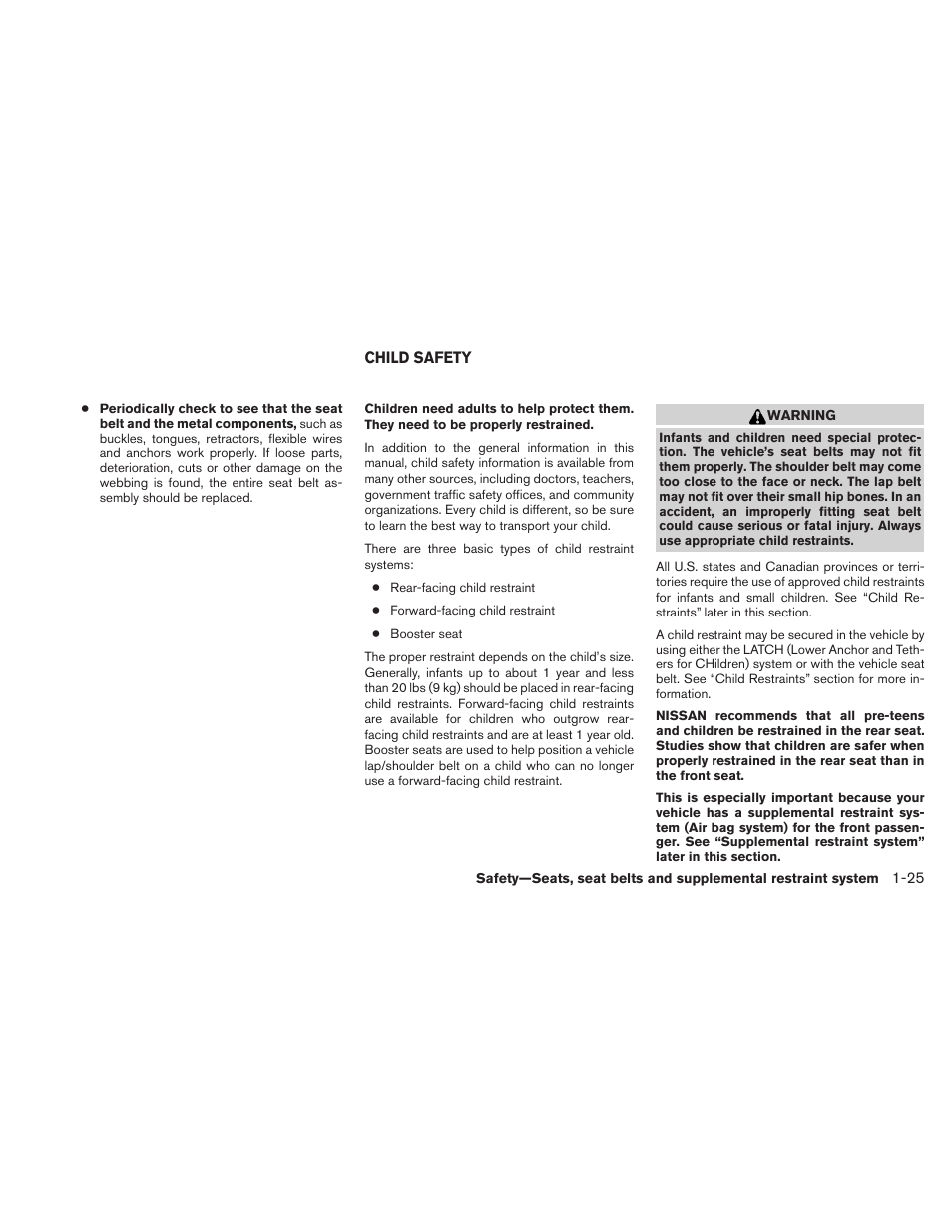 Child safety -25 | NISSAN 2010 Xterra User Manual | Page 42 / 337
