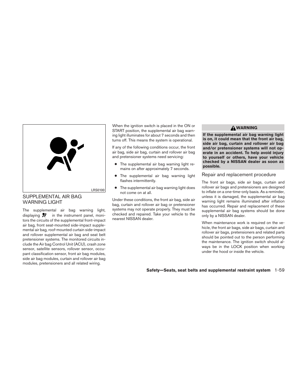 Supplemental air bag warning light -59 | NISSAN 2010 Xterra User Manual | Page 76 / 337