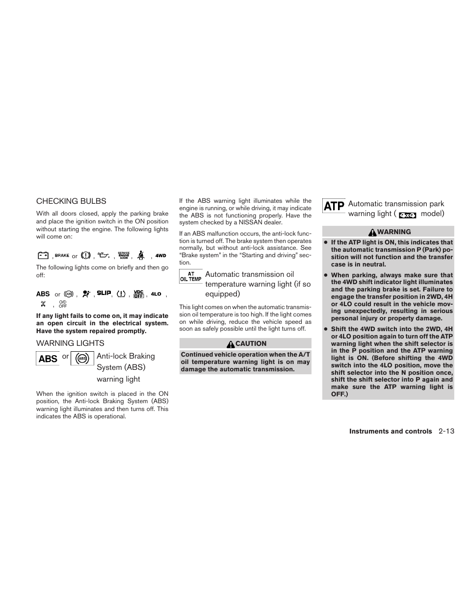 Checking bulbs -13 warning lights -13 | NISSAN 2010 Xterra User Manual | Page 92 / 337