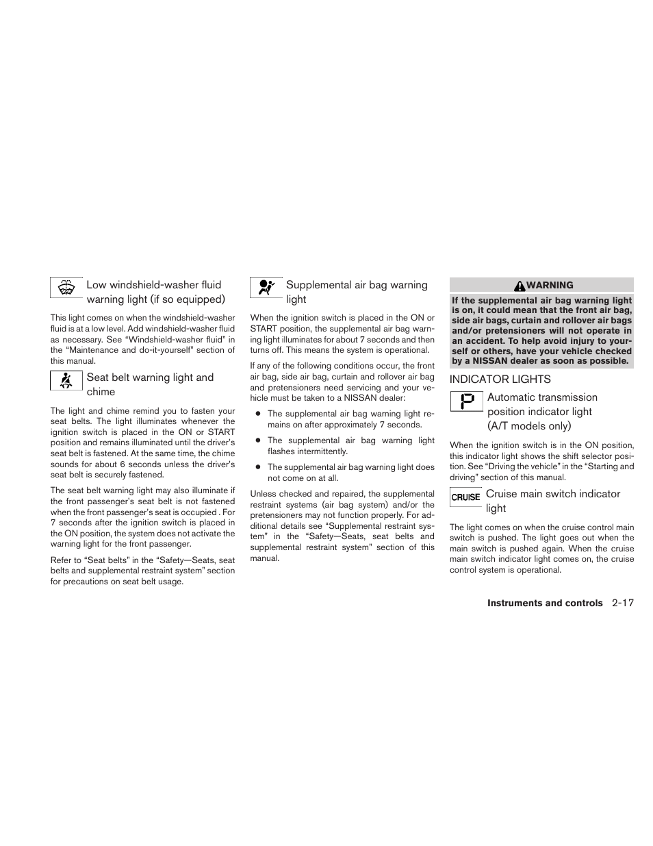 Indicator lights -17 | NISSAN 2010 Xterra User Manual | Page 96 / 337