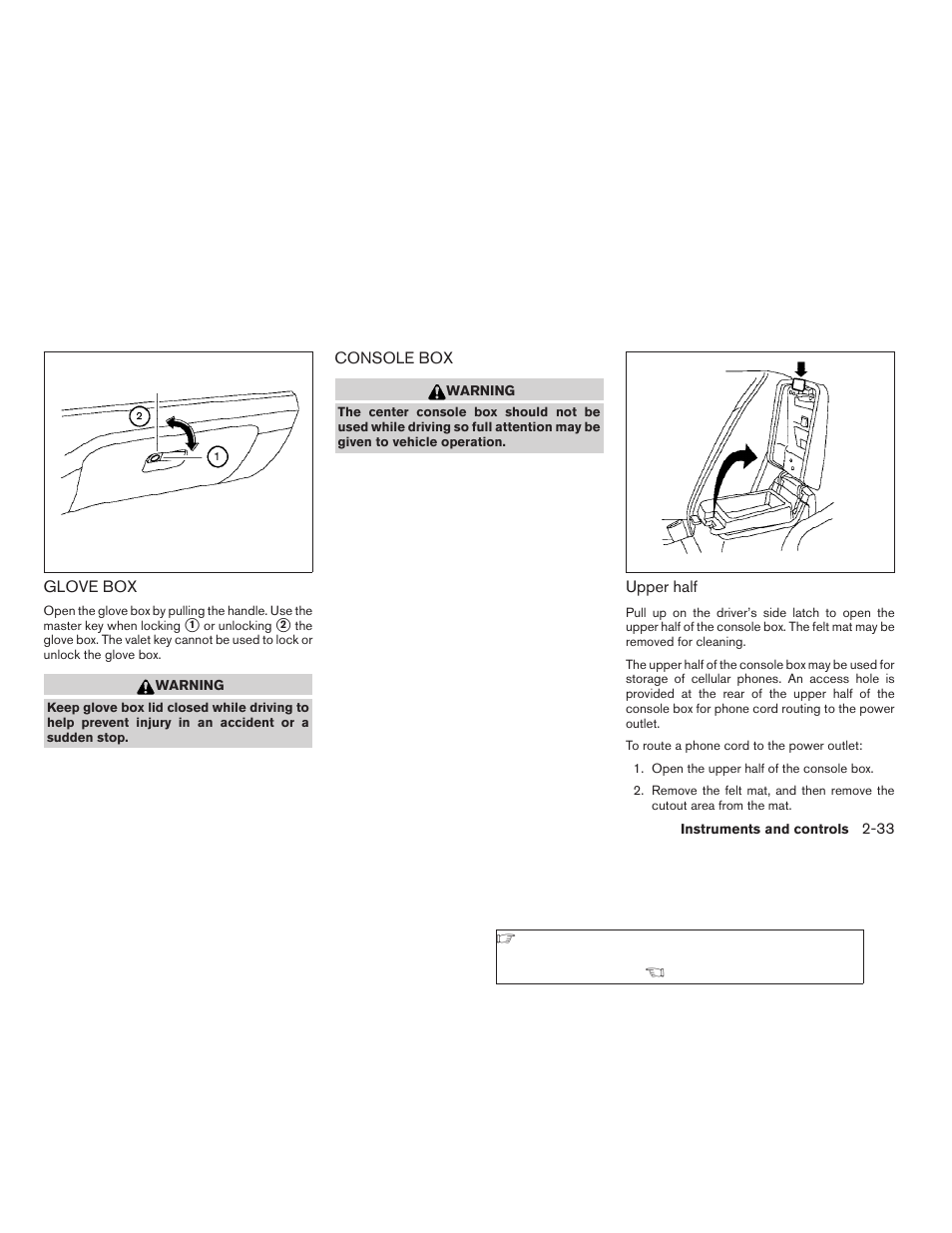 Glove box -33 console box -33 | NISSAN 2006 Altima User Manual | Page 101 / 304