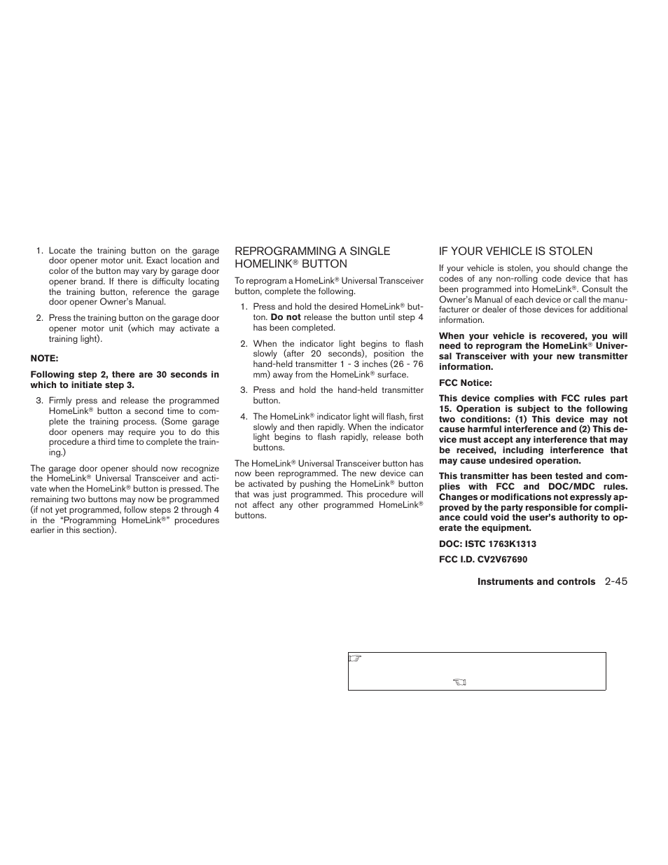 Reprogramming a single homelink, Button -45, If your vehicle is stolen -45 | NISSAN 2006 Altima User Manual | Page 113 / 304