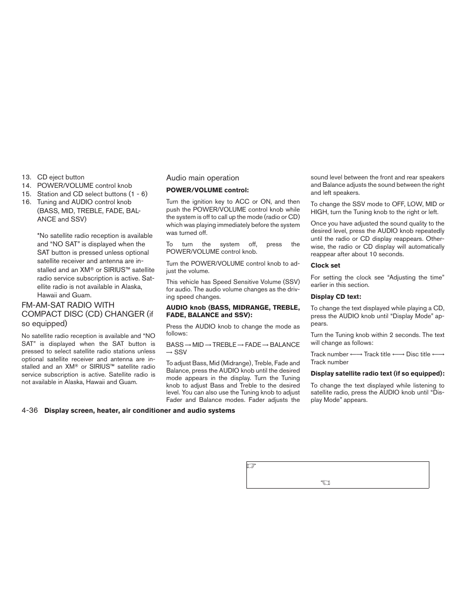 Fm-am-sat radio with compact disc (cd), Changer (if so equipped) -36 | NISSAN 2006 Altima User Manual | Page 166 / 304