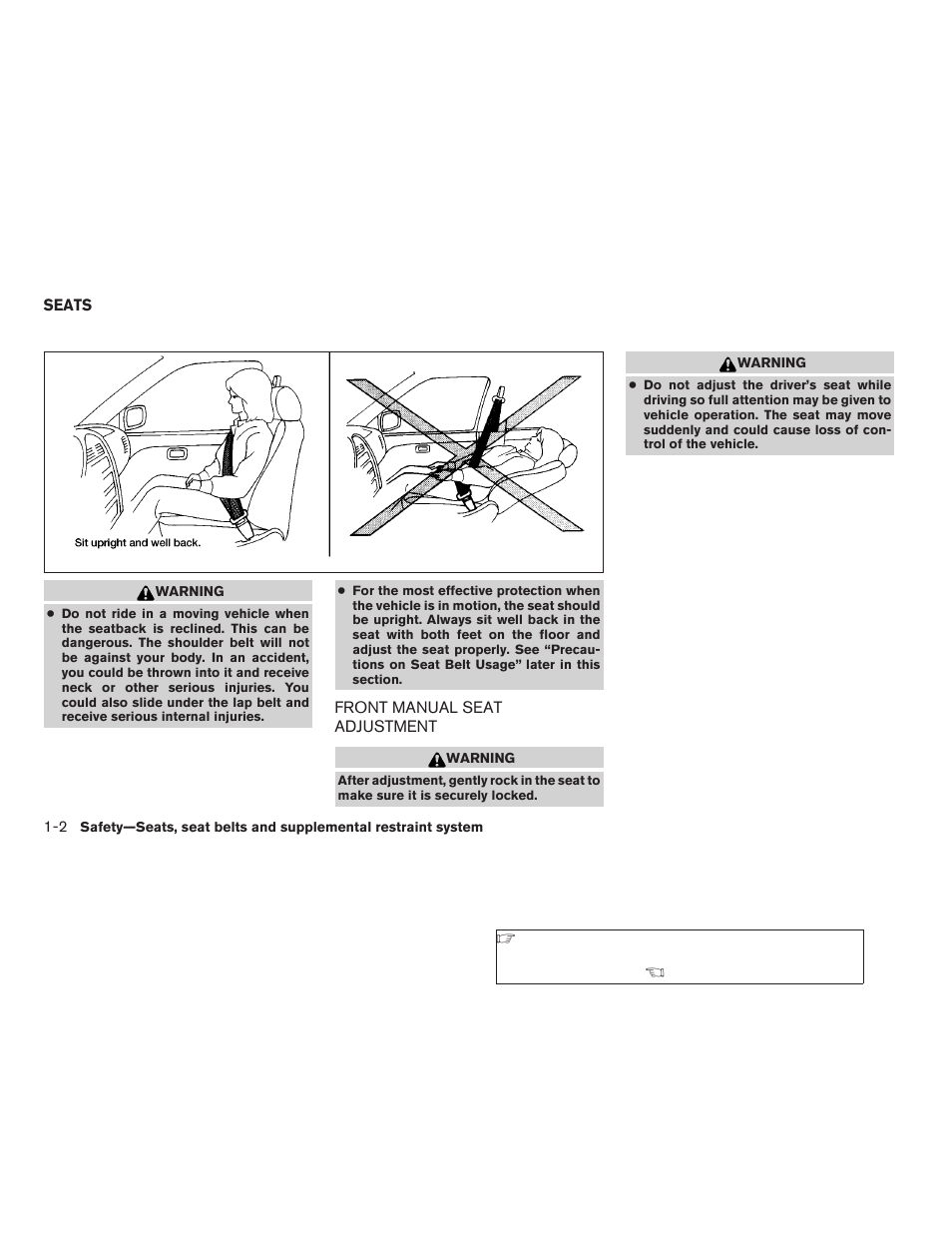 Seats -2, Front manual seat adjustment -2 | NISSAN 2006 Altima User Manual | Page 18 / 304