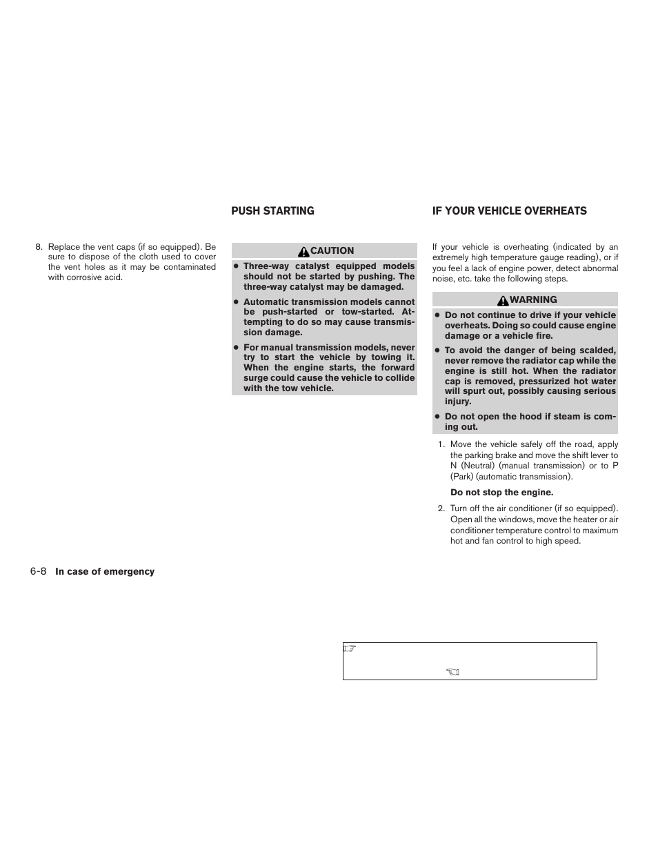 Push starting -8, If your vehicle overheats -8 | NISSAN 2006 Altima User Manual | Page 204 / 304