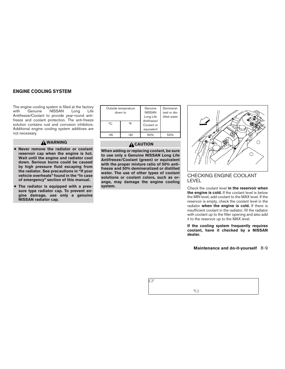 Engine cooling system -9, Checking engine coolant level -9 | NISSAN 2006 Altima User Manual | Page 225 / 304