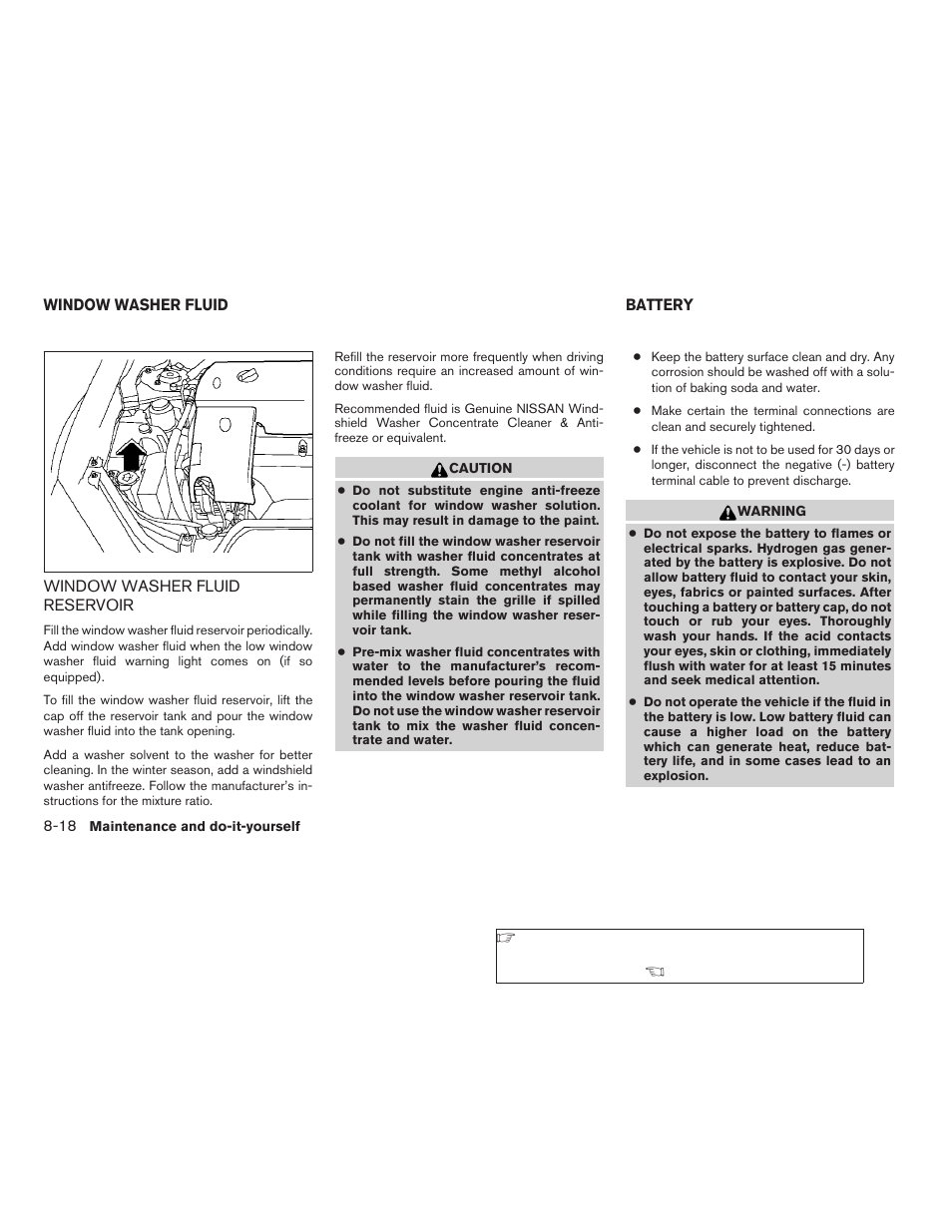 Window washer fluid -18, Window washer fluid reservoir -18, Battery -18 | NISSAN 2006 Altima User Manual | Page 234 / 304