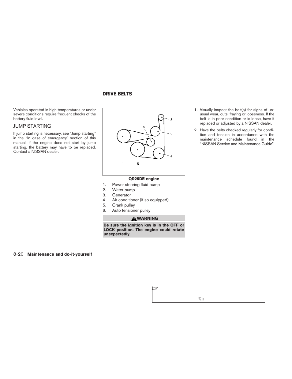 Jump starting -20, Drive belts -20 | NISSAN 2006 Altima User Manual | Page 236 / 304