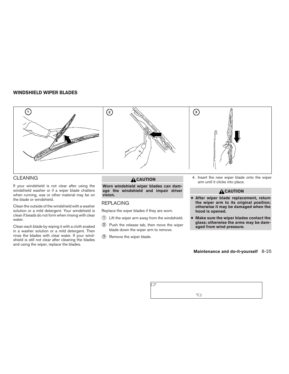 Windshield wiper blades -25, Cleaning -25 replacing -25 | NISSAN 2006 Altima User Manual | Page 241 / 304