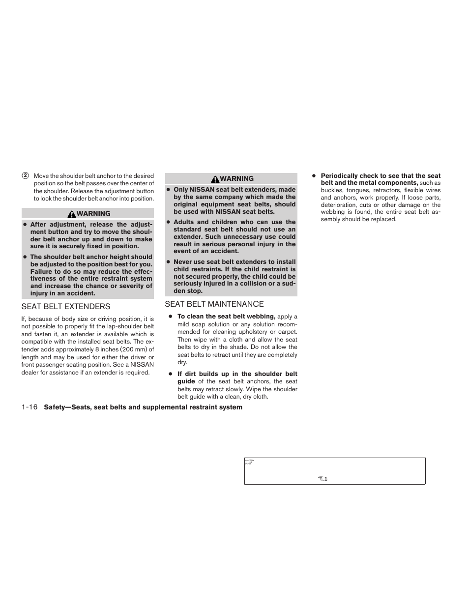 Seat belt extenders -16 seat belt maintenance -16 | NISSAN 2006 Altima User Manual | Page 32 / 304